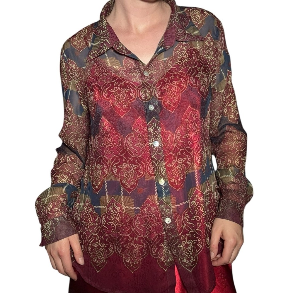 Vintage Liz baker burgundy long-sleeve sheer blouse, front button size large